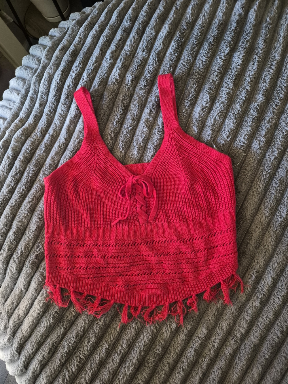 Bright Red Knit Fringe Crop Tank